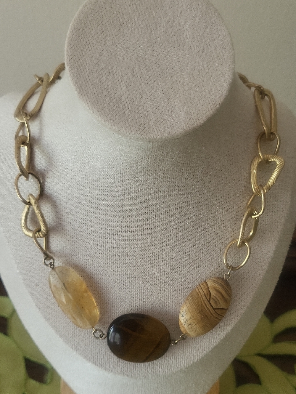 Lia Sophia Gold-Tone Link Necklace with Tiger Eye, Picture Jasper & Quartz